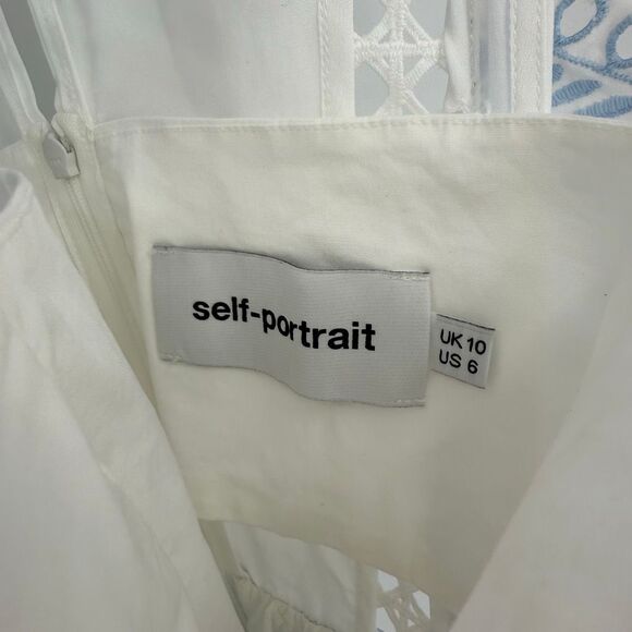 Self-Portrait Embroidered Frill Mini Dress Pockets White Baby Blue Women US 6 - Picture 9 of 15